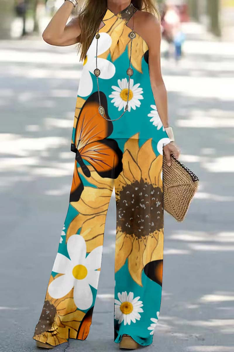 Print Backless Halter Sleeveless Two Pieces