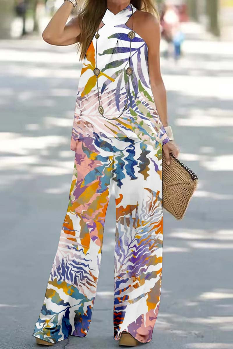 Print Backless Halter Sleeveless Two Pieces