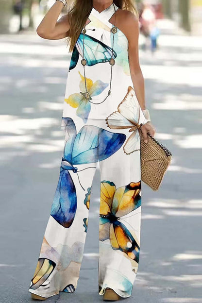 Print Backless Halter Sleeveless Two Pieces