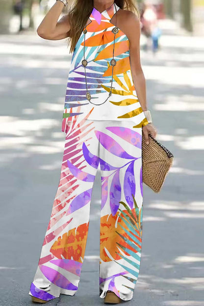 Print Backless Halter Sleeveless Two Pieces
