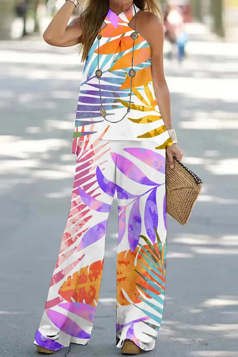 Print Backless Halter Sleeveless Two Pieces