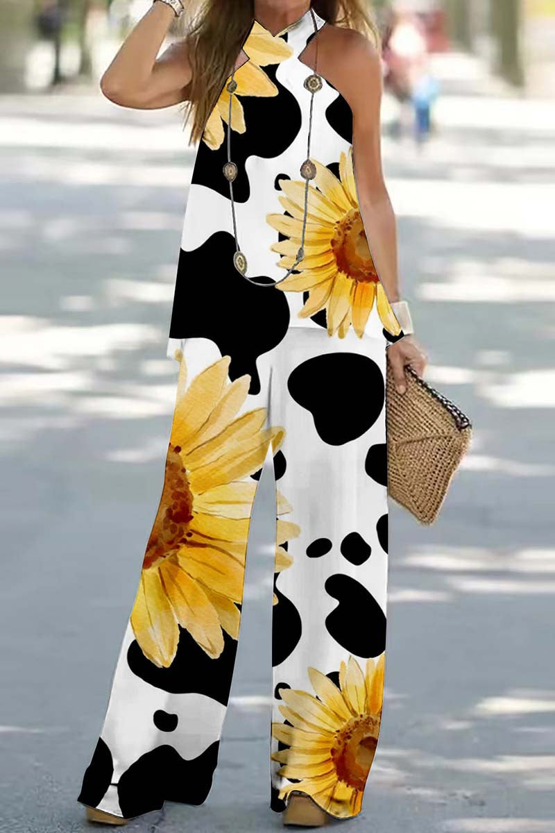Print Backless Halter Sleeveless Two Pieces