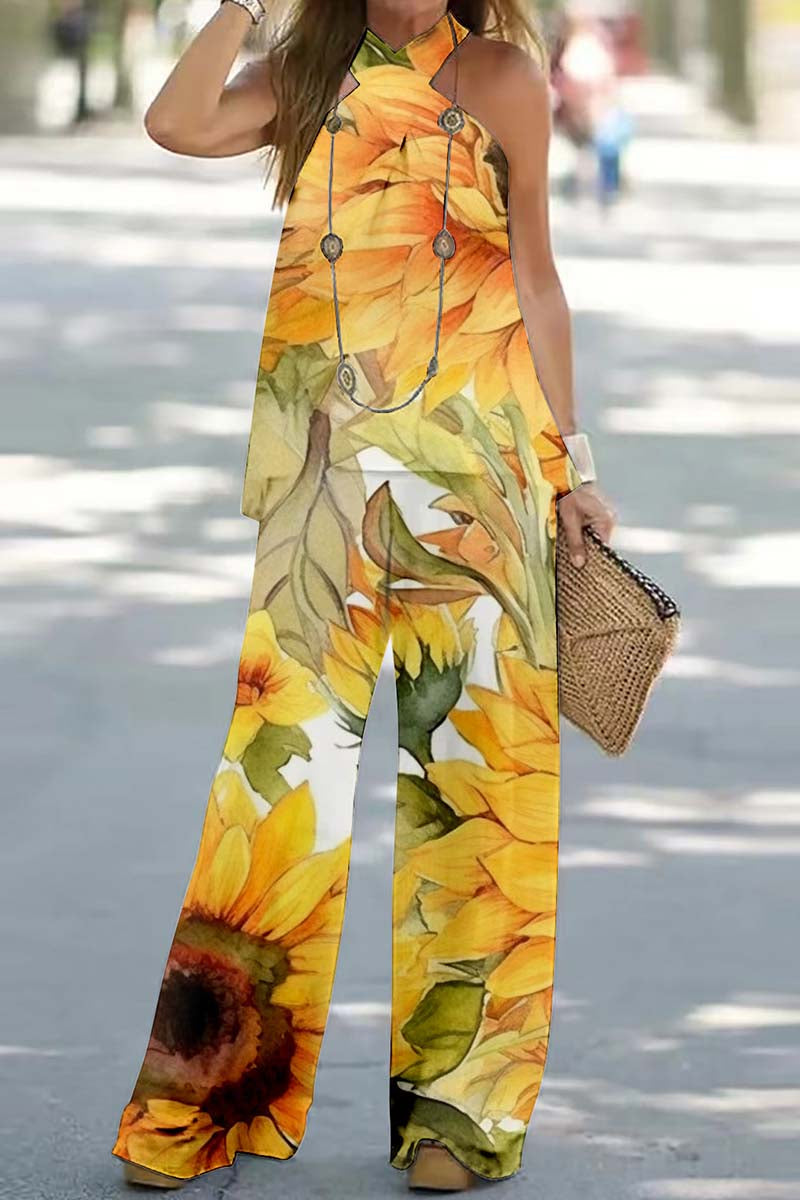 Print Backless Halter Sleeveless Two Pieces