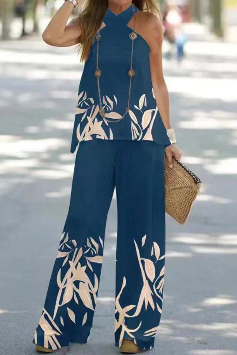 Print Backless Halter Sleeveless Two Pieces