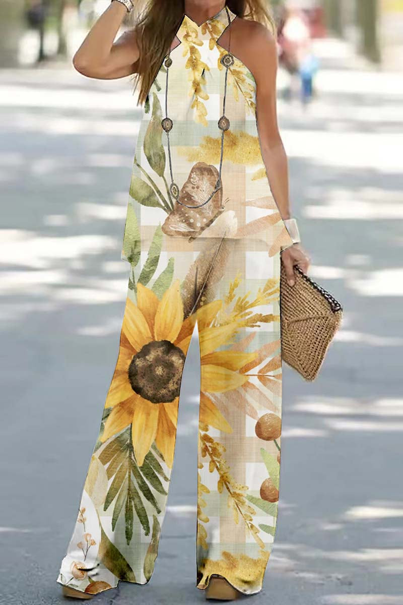 Print Backless Halter Sleeveless Two Pieces