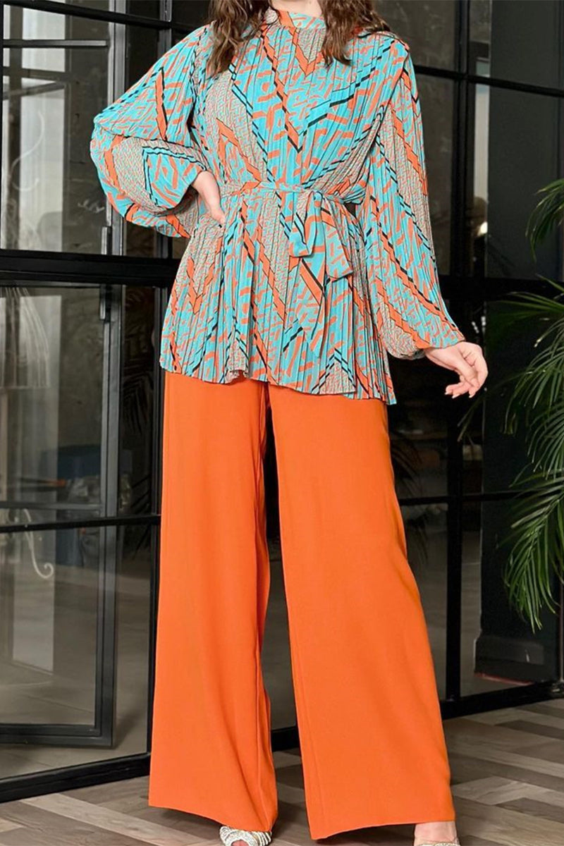 Geometric Print Fold Half a Turtleneck Long Sleeve Two Pieces