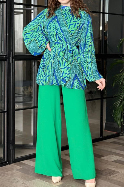 Geometric Print Fold Half a Turtleneck Long Sleeve Two Pieces
