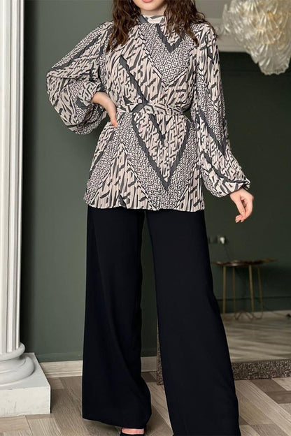 Geometric Print Fold Half a Turtleneck Long Sleeve Two Pieces