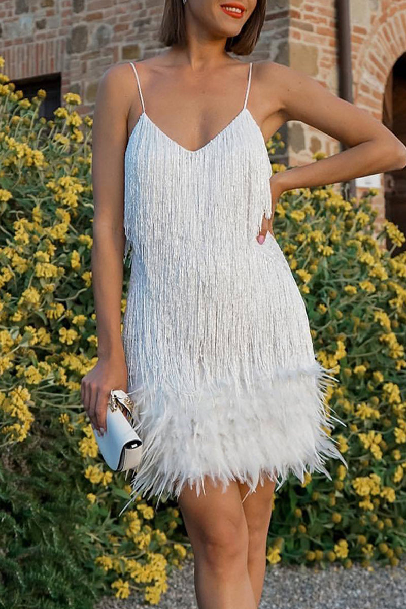 Tassel Feathers V Neck Pencil Skirt Dresses