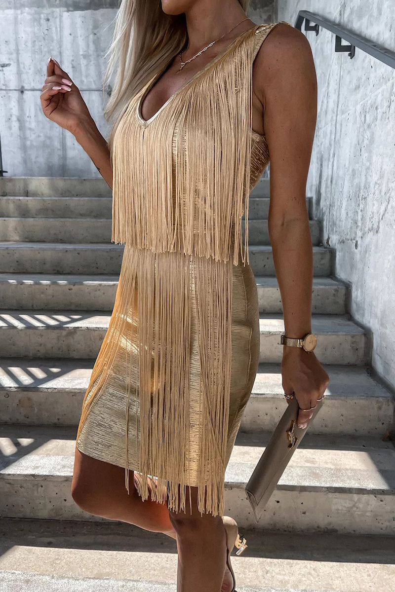 Party Tassel V Neck Wrapped Skirt Dresses