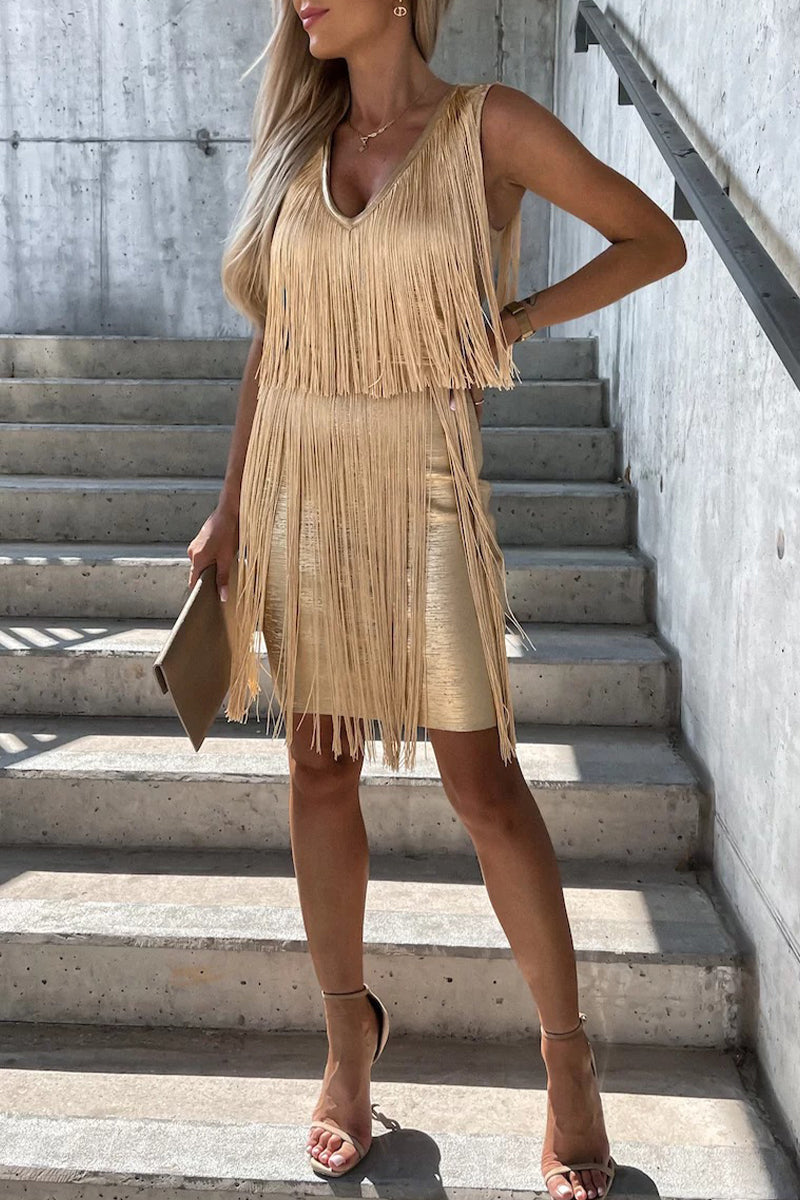 Party Tassel V Neck Wrapped Skirt Dresses