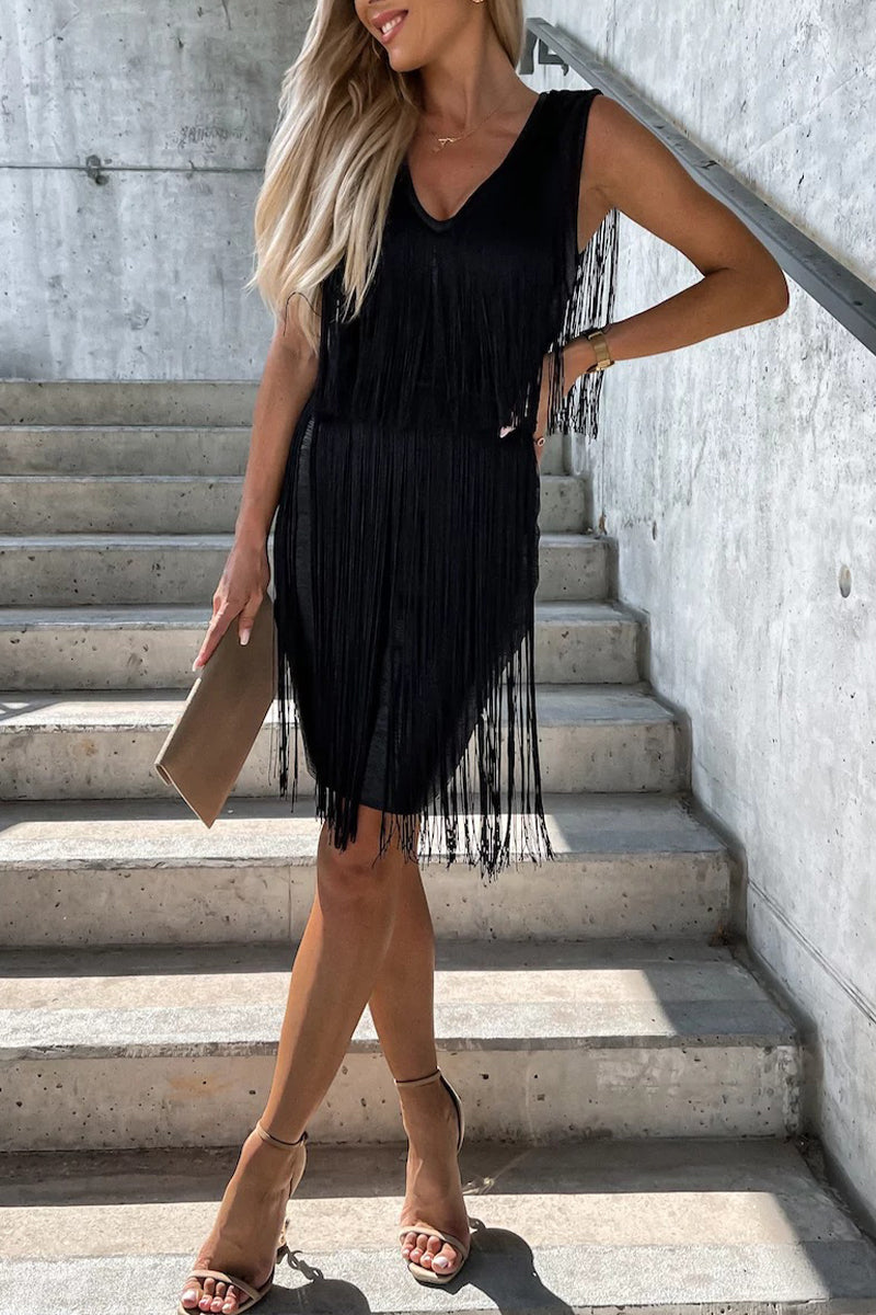 Party Tassel V Neck Wrapped Skirt Dresses