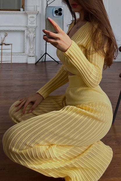 Hollowed Out Buttons V Neck Long Sleeve Two Pieces