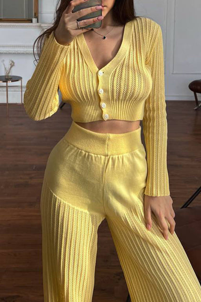 Hollowed Out Buttons V Neck Long Sleeve Two Pieces