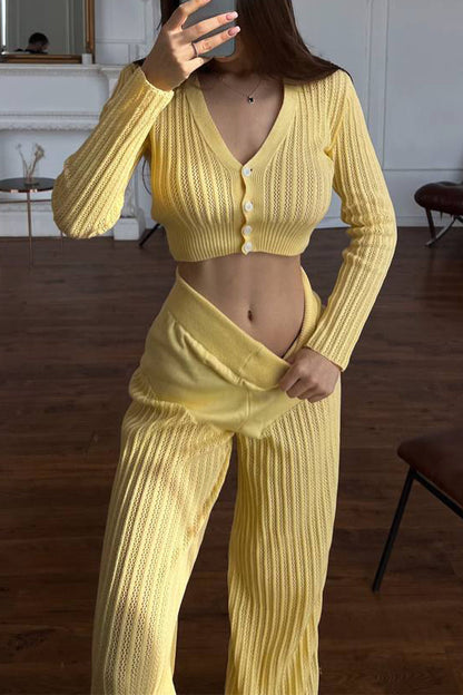 Hollowed Out Buttons V Neck Long Sleeve Two Pieces