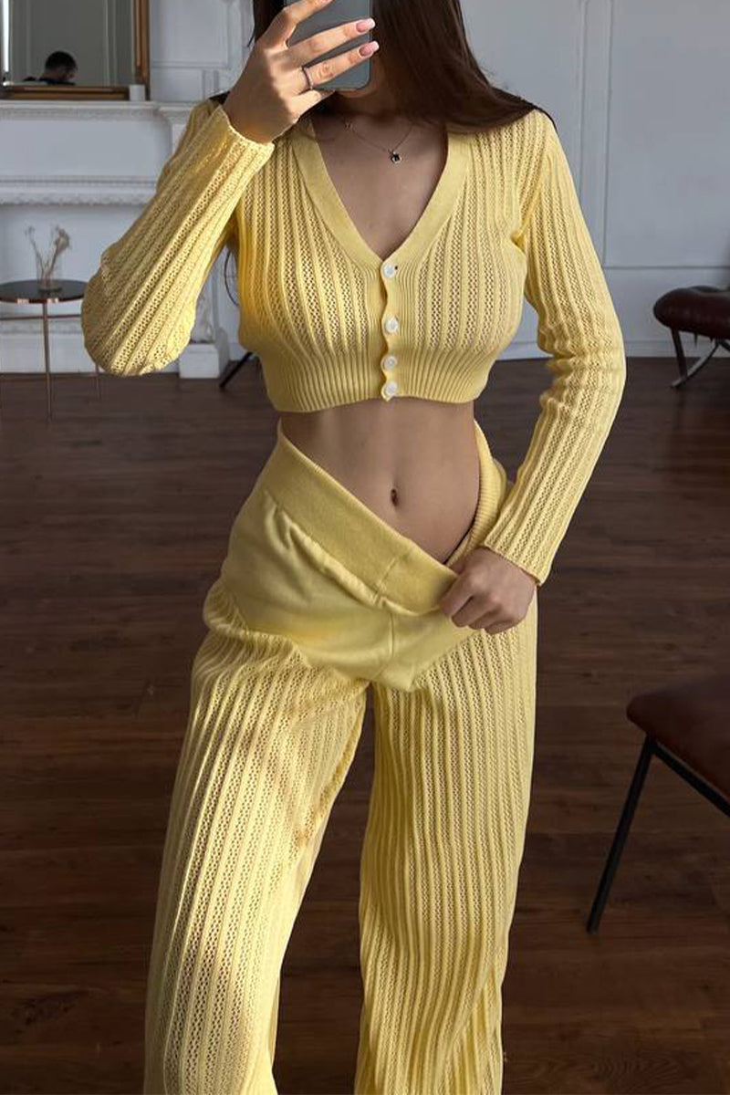 Hollowed Out Buttons V Neck Long Sleeve Two Pieces