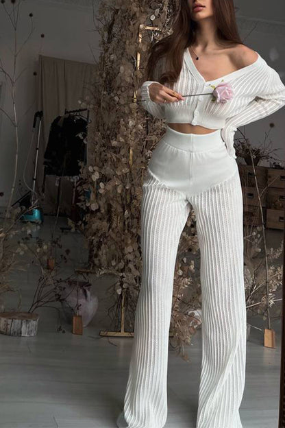 Hollowed Out Buttons V Neck Long Sleeve Two Pieces