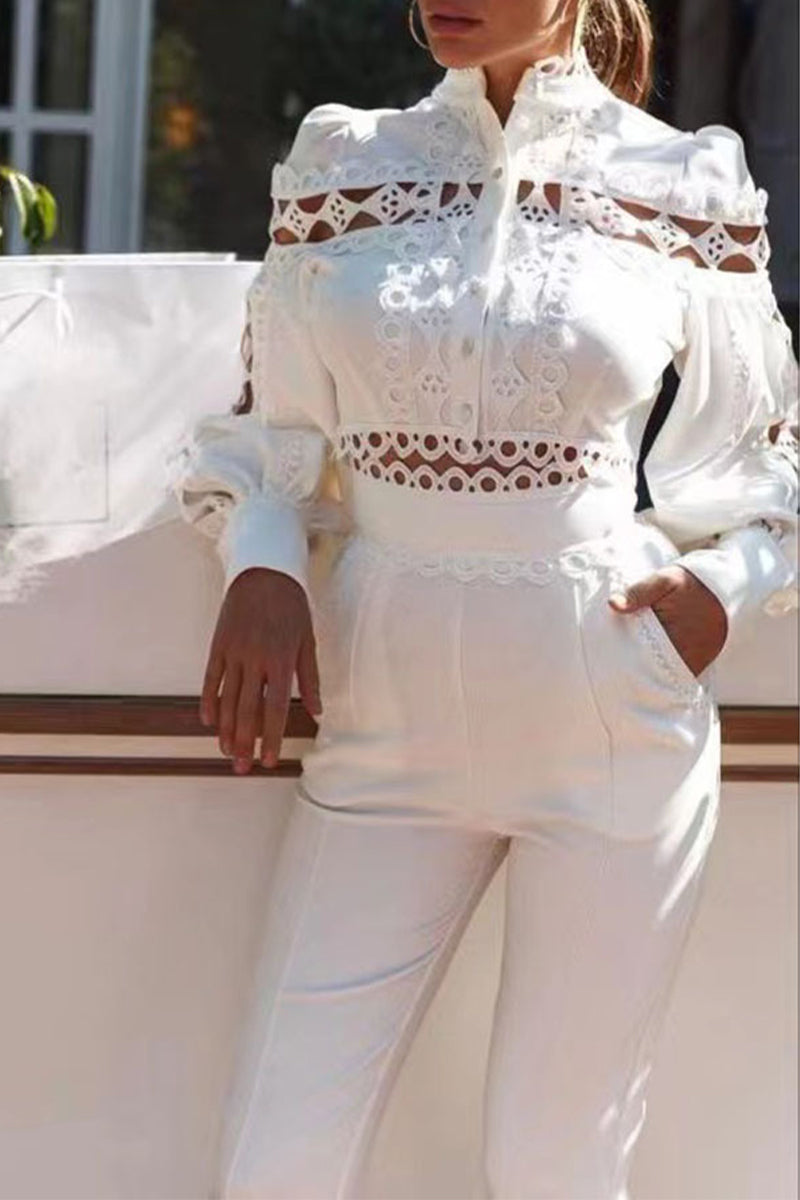 Celebrities Lace Patchwork Half a Turtleneck Long Sleeve Two Pieces