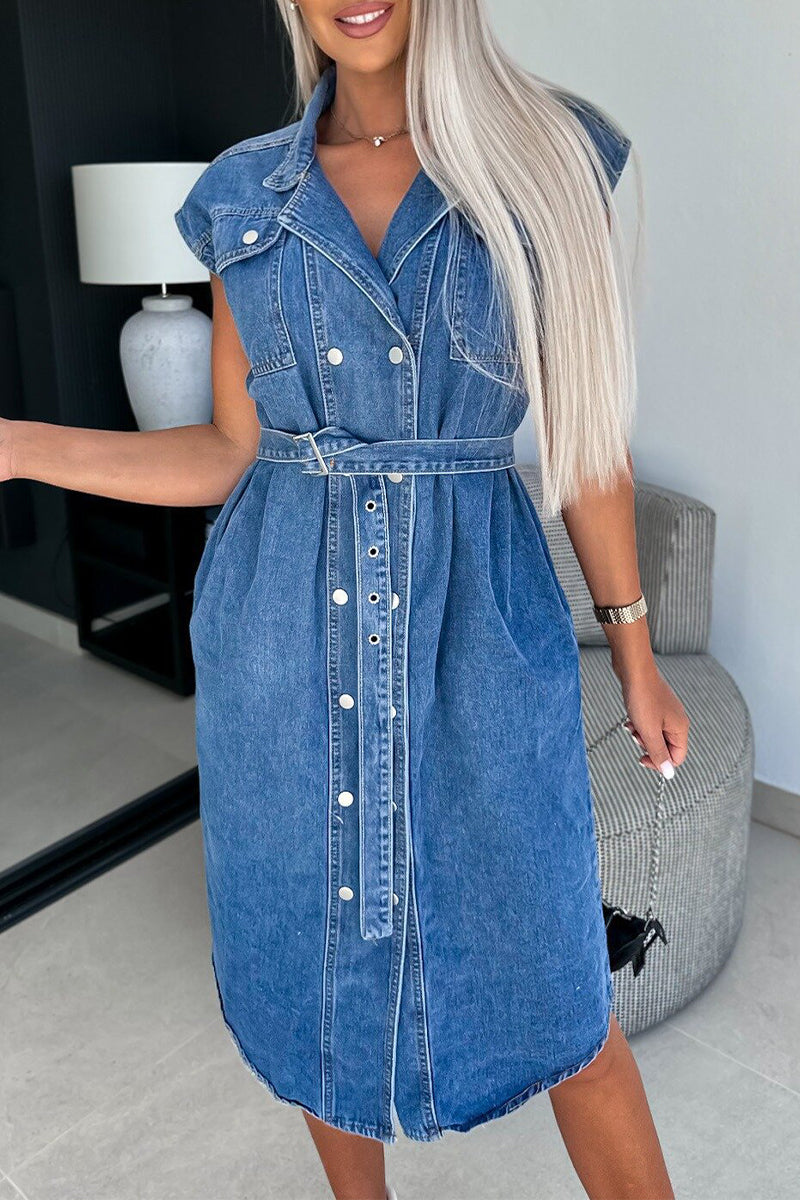 Pocket Turndown Collar Sleeveless Straight Denim Dresses