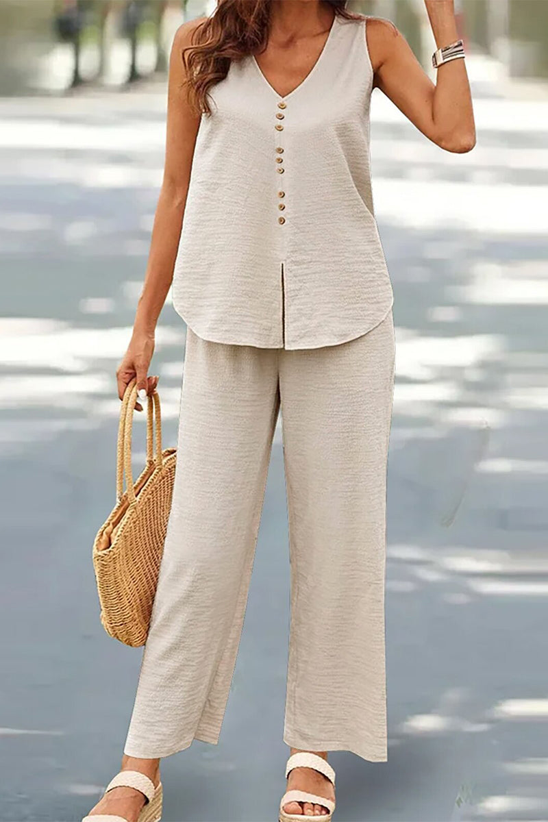 Buttons V Neck Sleeveless Two Pieces