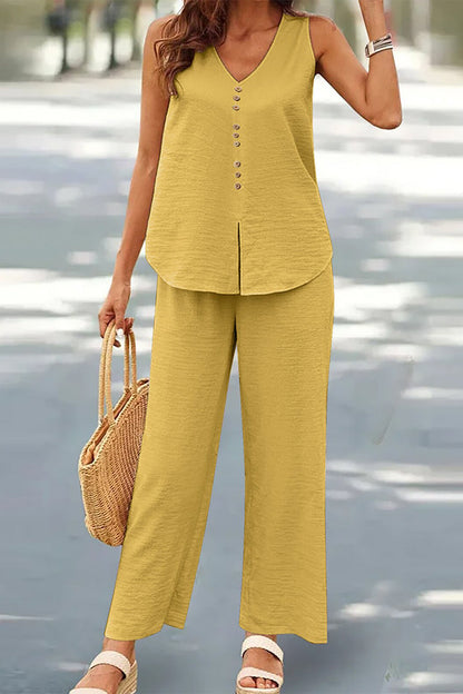 Buttons V Neck Sleeveless Two Pieces