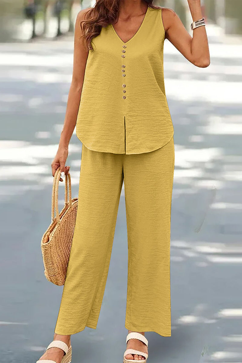 Buttons V Neck Sleeveless Two Pieces