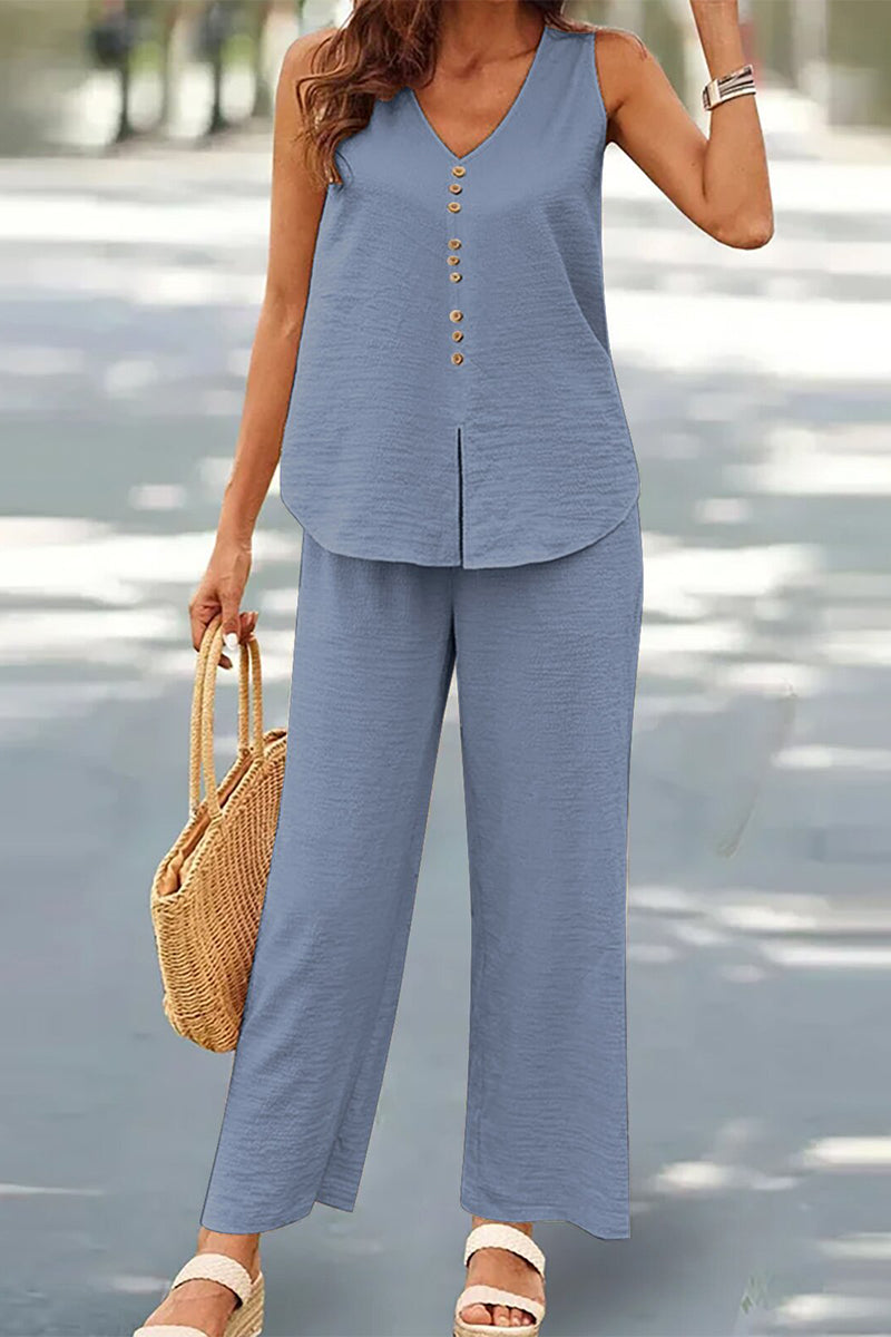Buttons V Neck Sleeveless Two Pieces