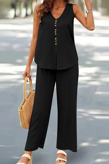 Buttons V Neck Sleeveless Two Pieces