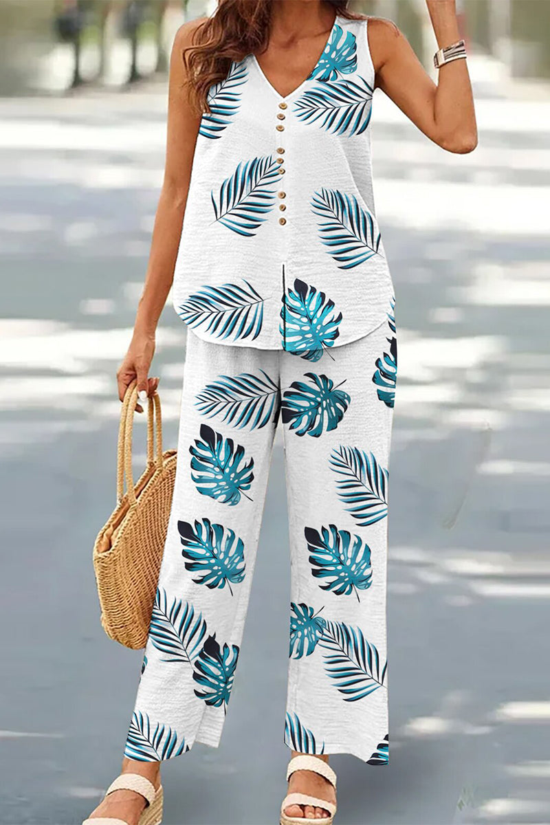 Buttons V Neck Sleeveless Two Pieces