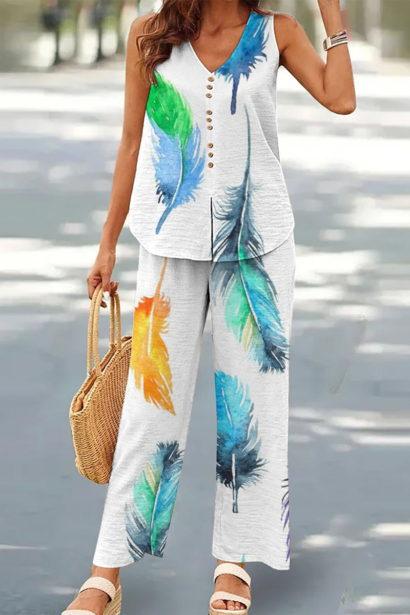 Buttons V Neck Sleeveless Two Pieces