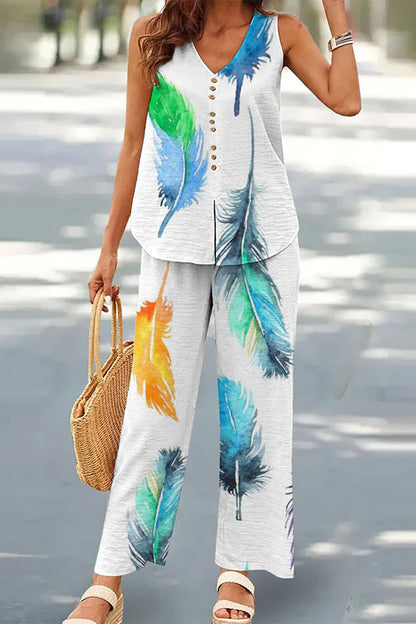 Buttons V Neck Sleeveless Two Pieces