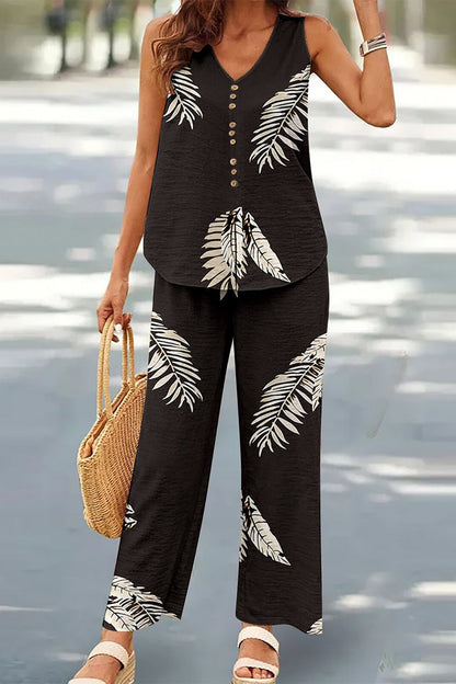 Buttons V Neck Sleeveless Two Pieces