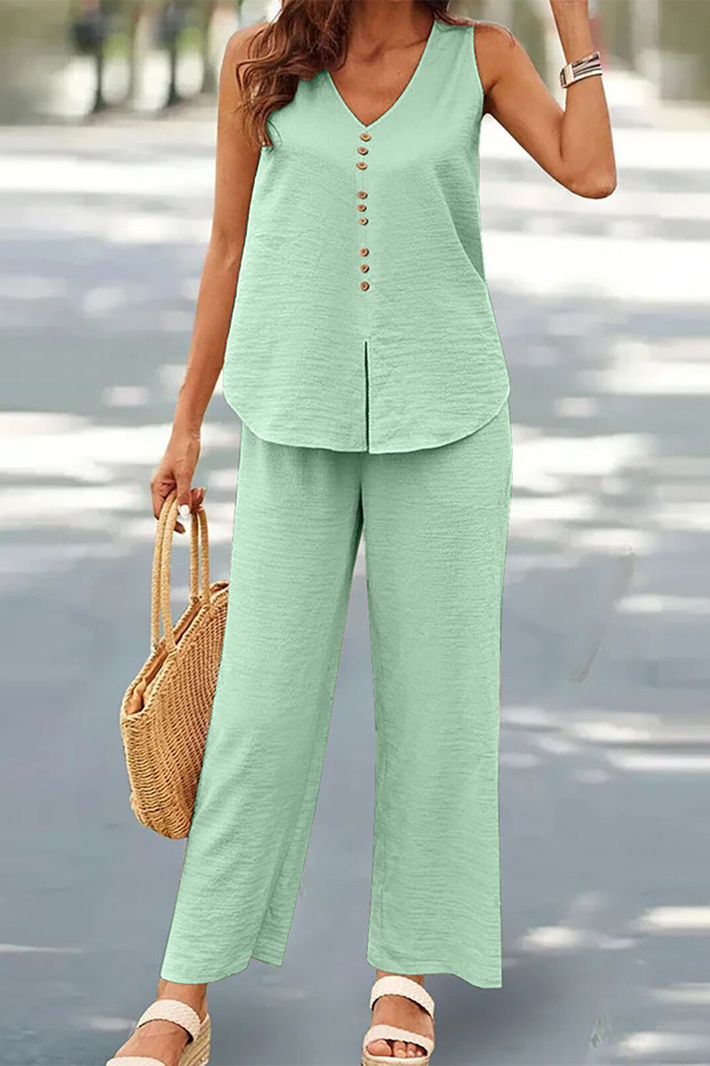 Buttons V Neck Sleeveless Two Pieces