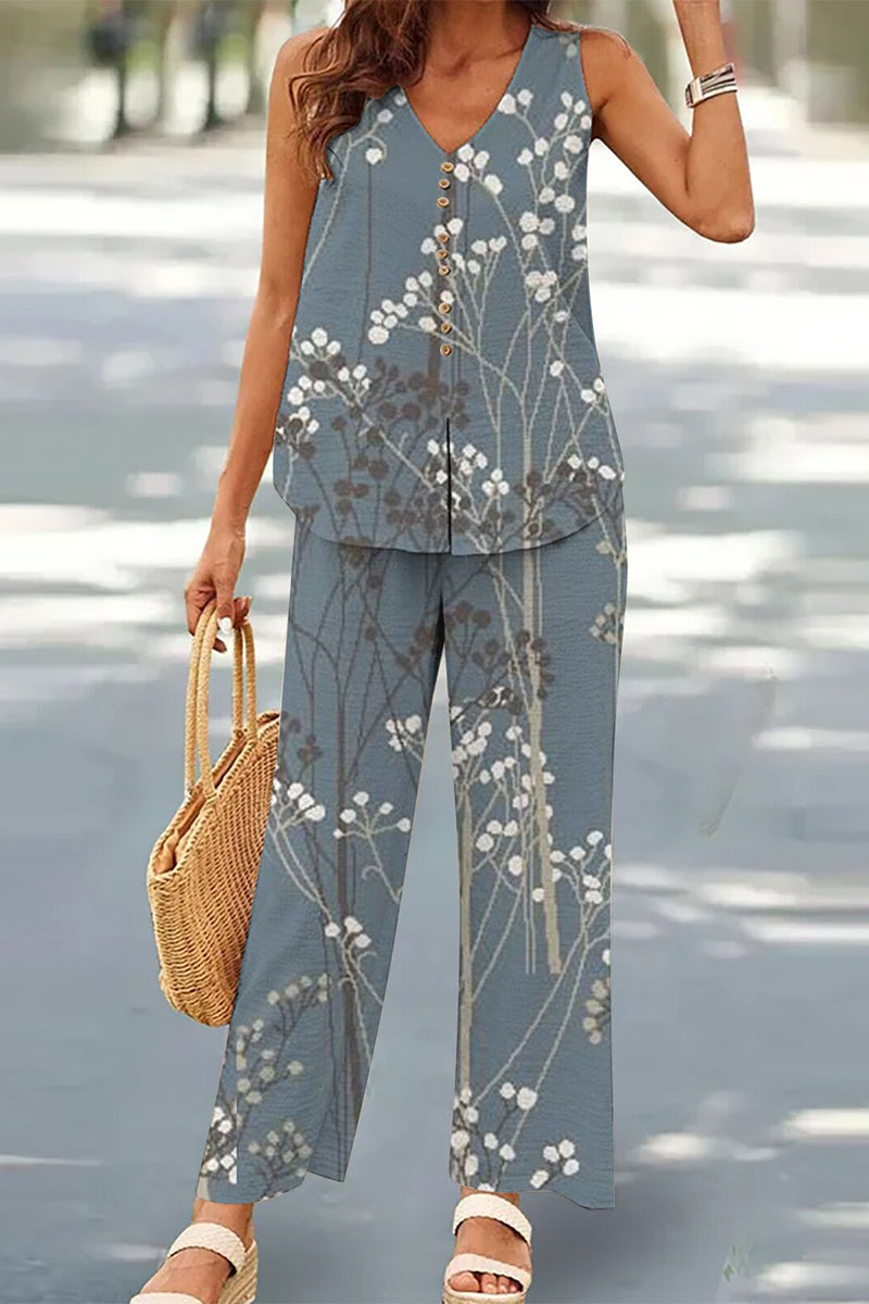 Buttons V Neck Sleeveless Two Pieces