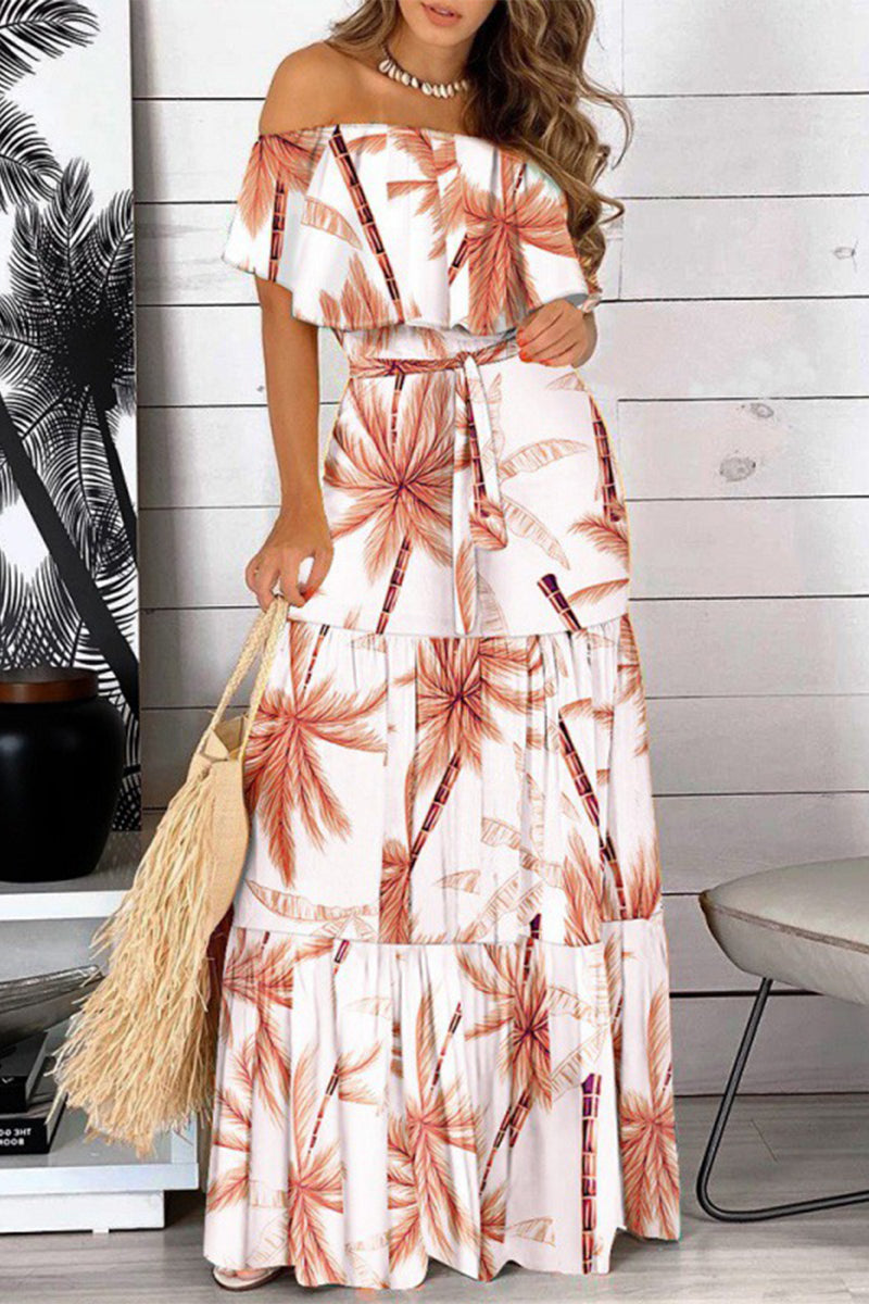 Print Frenulum Off the Shoulder Cake Skirt Dresses