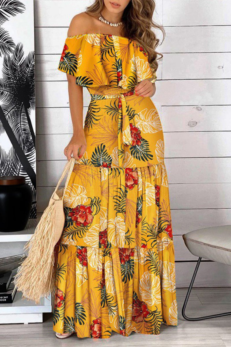 Print Frenulum Off the Shoulder Cake Skirt Dresses