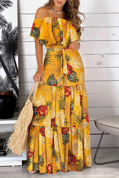 Print Frenulum Off the Shoulder Cake Skirt Dresses