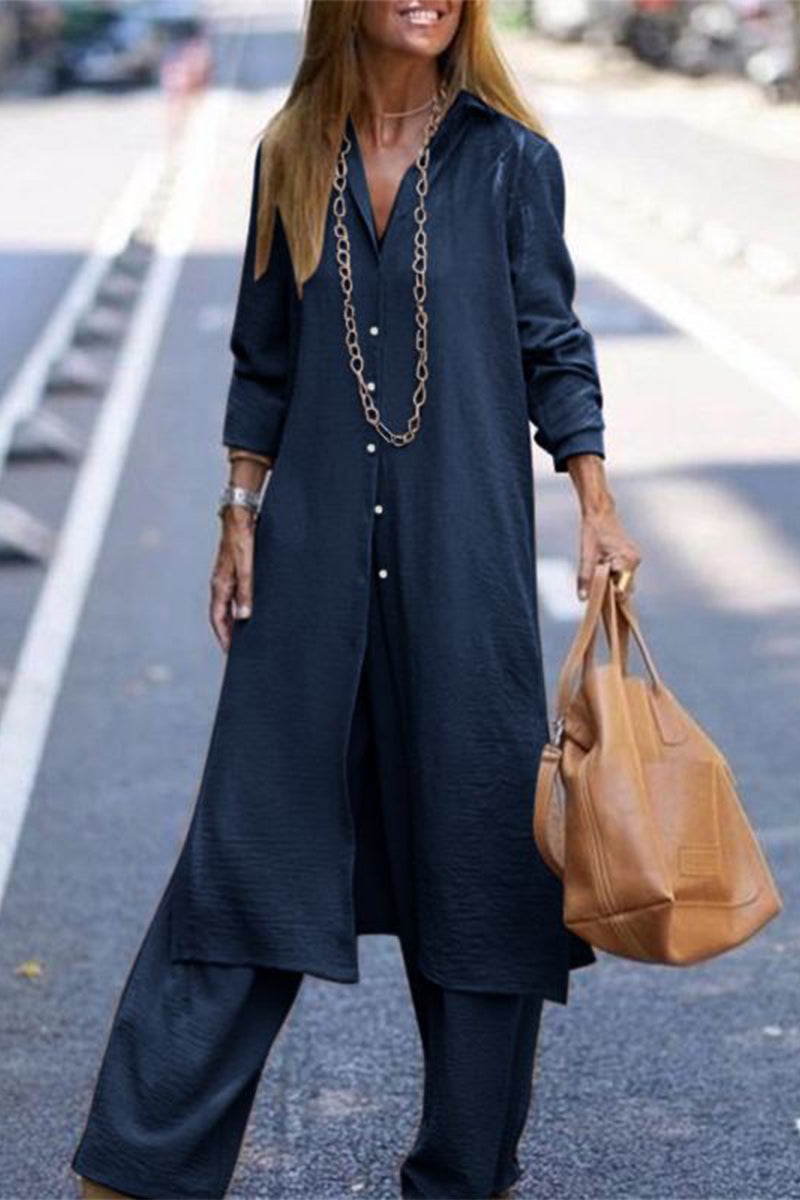 Buttons Turndown Collar Long Sleeve Two Pieces