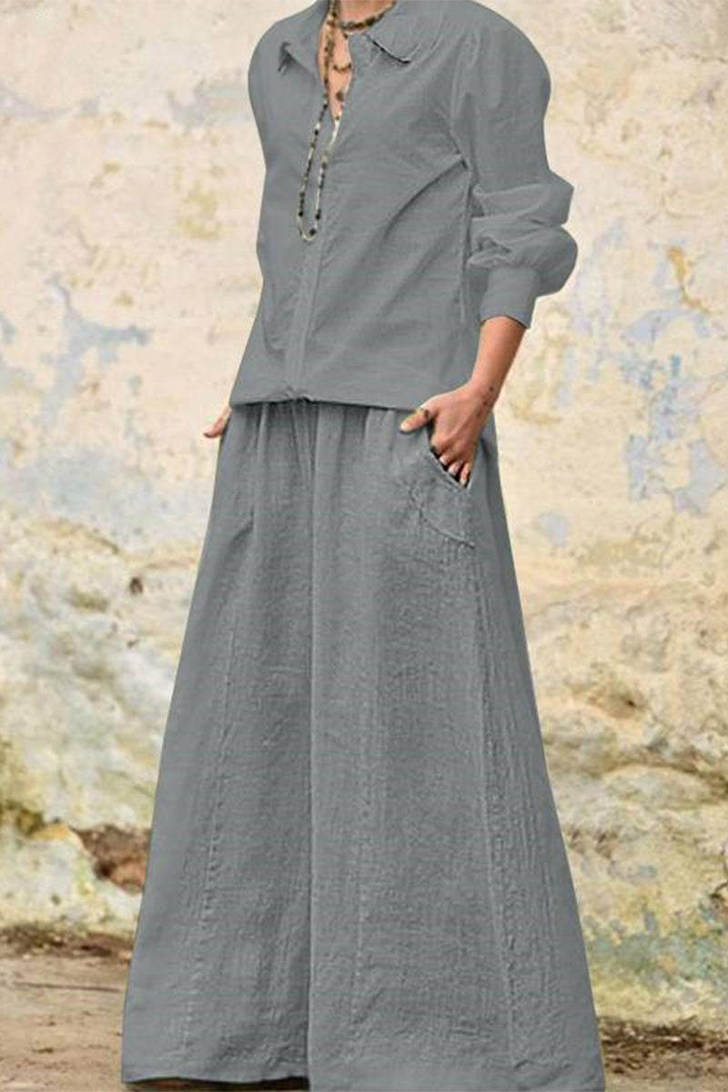 Pocket Turndown Collar Long Sleeve Two Pieces