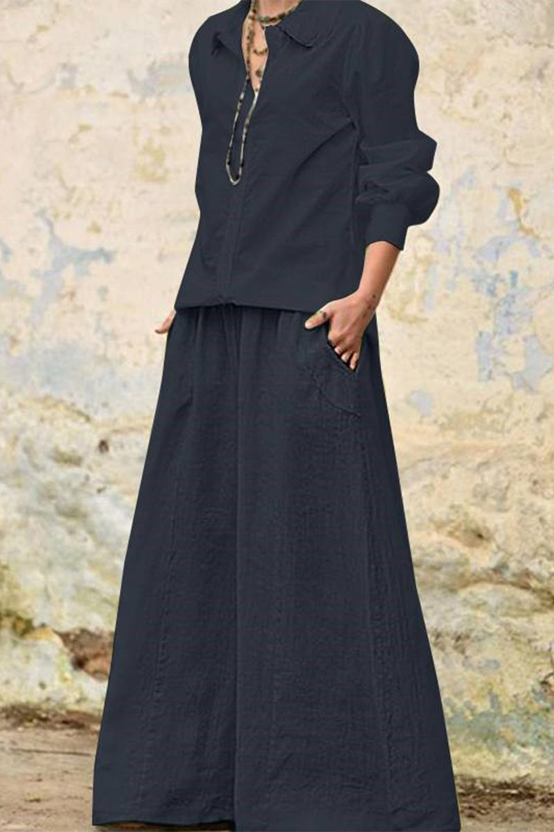 Pocket Turndown Collar Long Sleeve Two Pieces