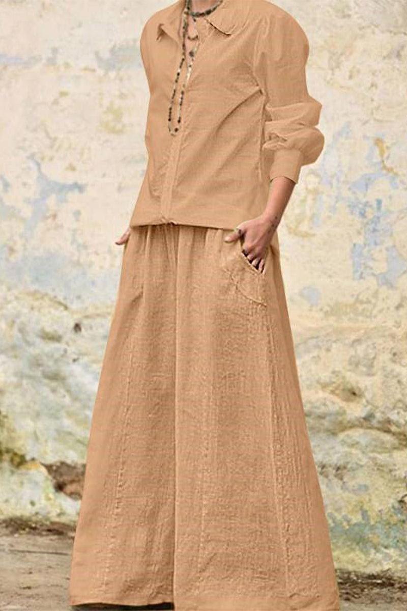 Pocket Turndown Collar Long Sleeve Two Pieces
