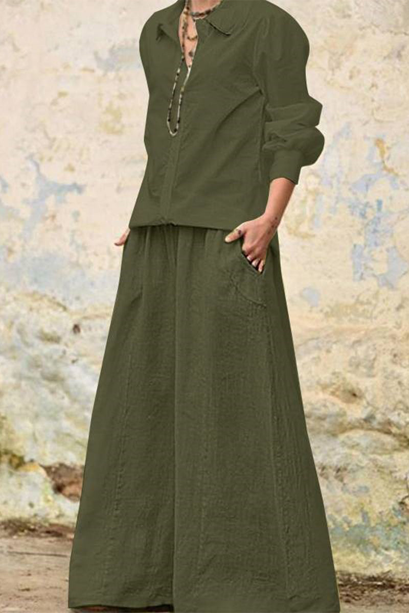 Pocket Turndown Collar Long Sleeve Two Pieces