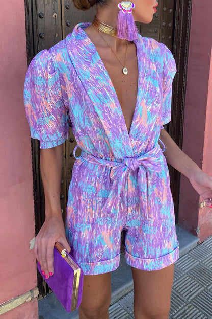 Print Bandage Turn-back Collar Loose Rompers