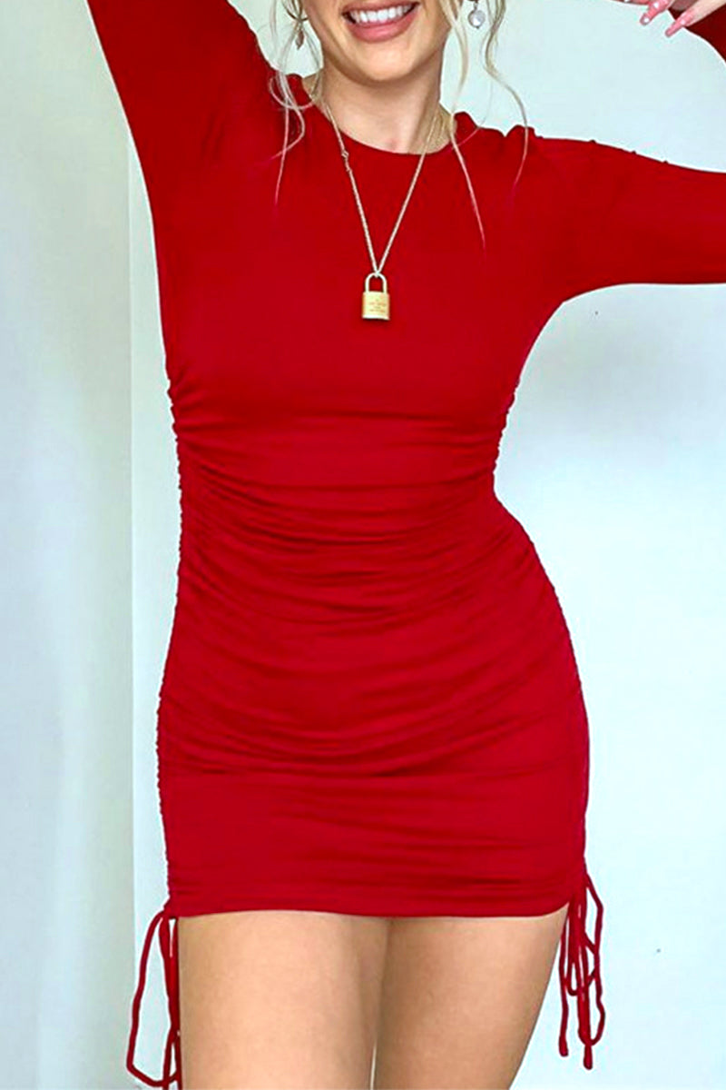 Draw String Fold O Neck Wrapped Skirt Dresses