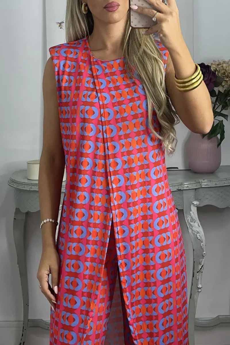 Print Slit O Neck Sleeveless Two Pieces