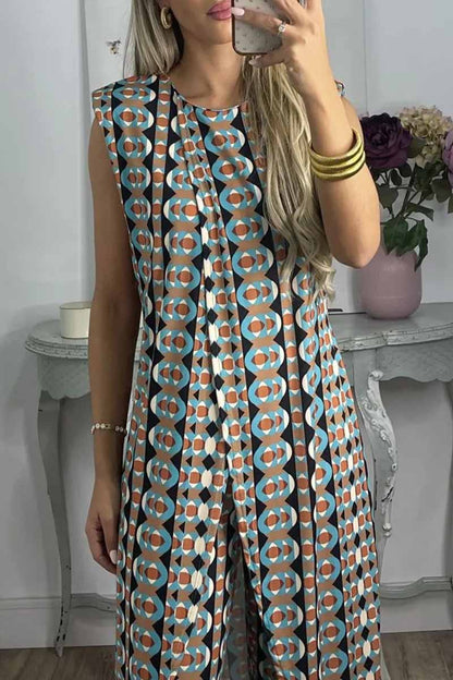 Print Slit O Neck Sleeveless Two Pieces