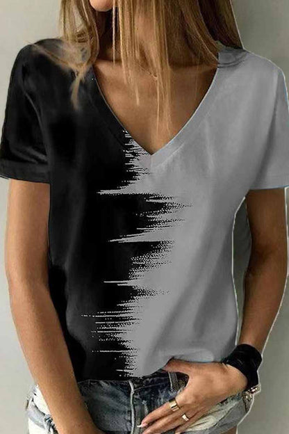Street Print Patchwork V Neck T-shirts