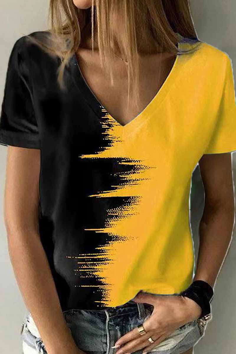 Street Print Patchwork V Neck T-shirts