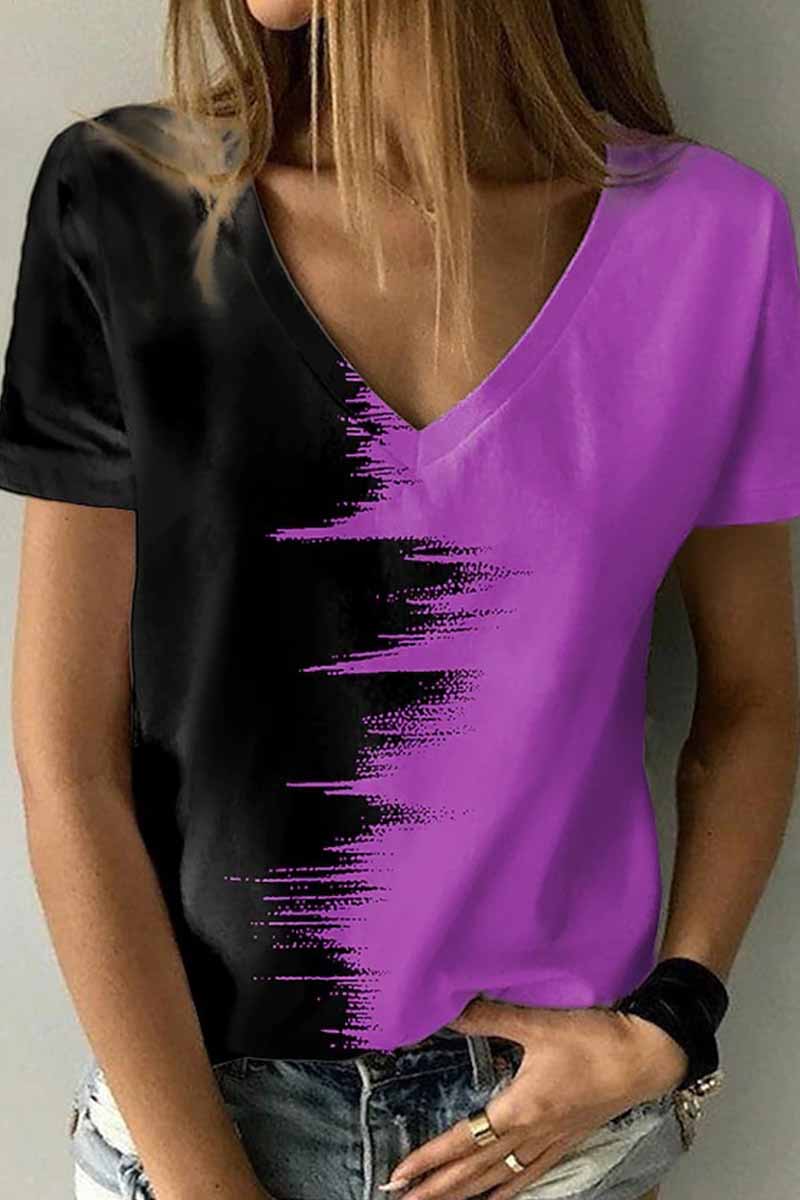 Street Print Patchwork V Neck T-shirts
