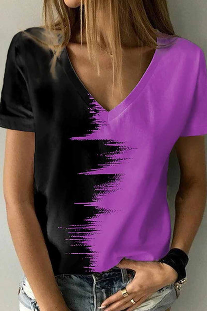 Street Print Patchwork V Neck T-shirts